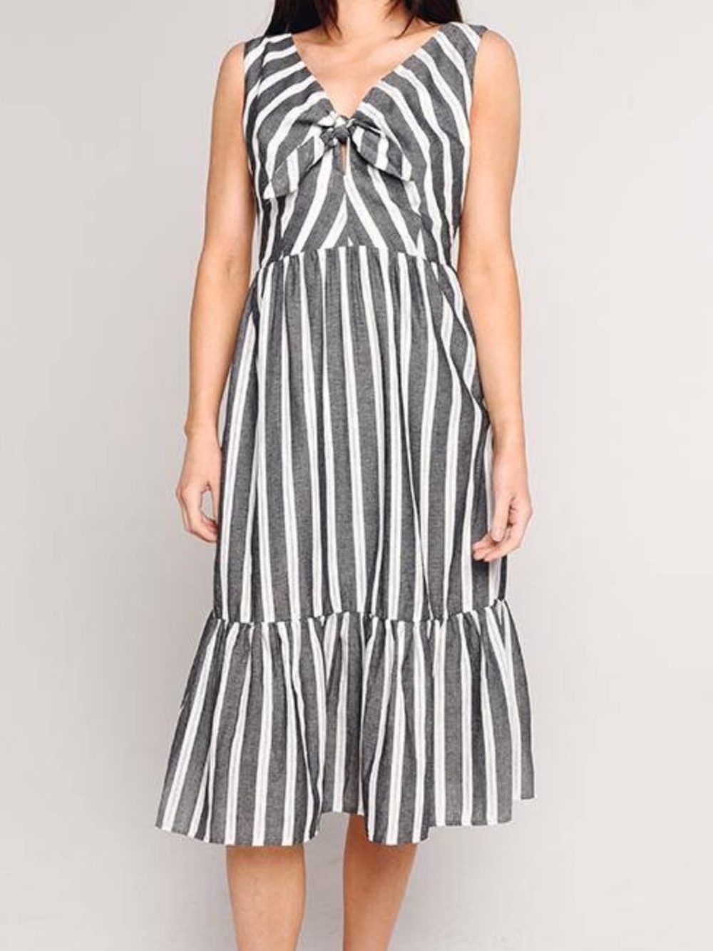 NWT Heartloom Justine Midi Gray / White Stripe Dress with Bow Tie Front XS